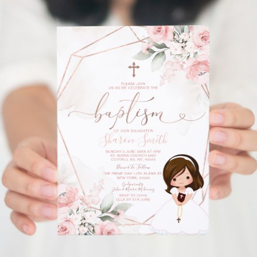 Invitation Élégant rose floral mignon fille Christening Baptê