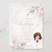 Invitation Élégant rose floral mignon fille Christening Baptê (Devant)