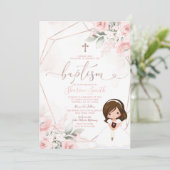 Invitation Élégant rose floral mignon fille Christening Baptê (Debout devant)