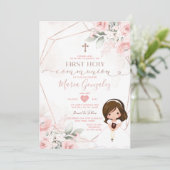 Invitation Élégant rose floral mignon fille première sainte c (Debout devant)
