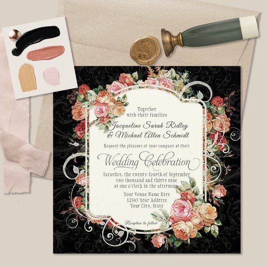 Invitation Élégant Rose Floral Muted Black Peach Blush Gold