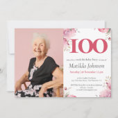 Invitation Elégant rose floral photo 100e fête d'anniversaire (Devant)