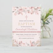 Invitation Élégant rose floral photo Baptême (Debout devant)