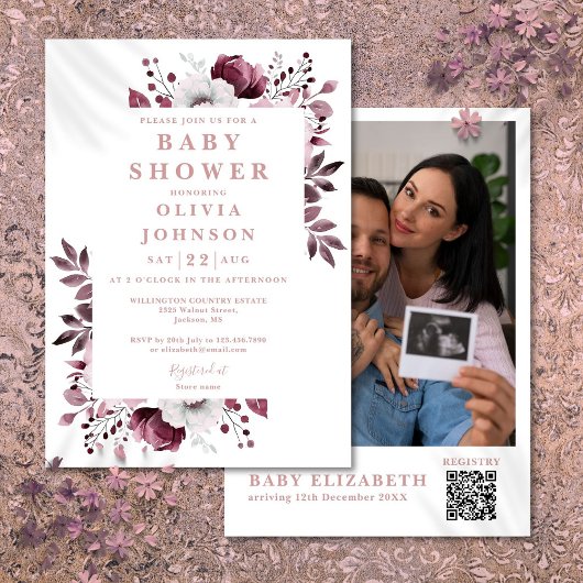 Invitation Élégant rose floral photo QR Code Baby shower