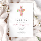 Invitation Élégant rose Floral Religieux Croix Baptême