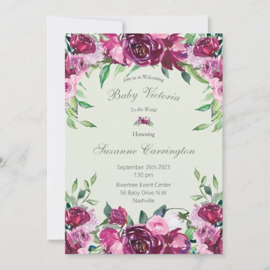 Invitation Élégant rose floral vert fille Script bébé (Devant)