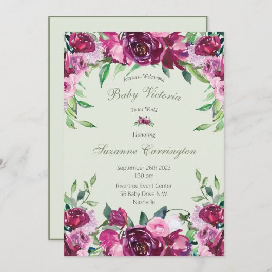 Invitation Élégant rose floral vert fille Script bébé (Devant / Derrière)