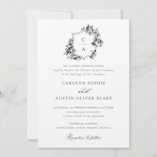 Invitation Élégant Rose Floral Vintage Crest Mariage (Devant)