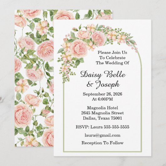 Invitation Elégant Rose Garden (Devant / Derrière)