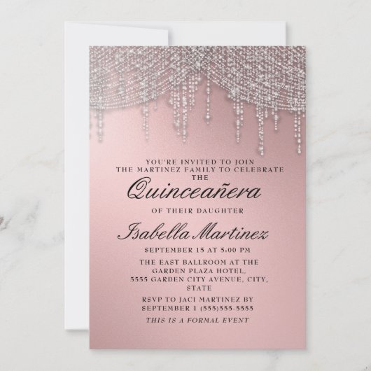 Invitation Elégant Rose Gold Argent String Lumières Quinceañe (Devant)