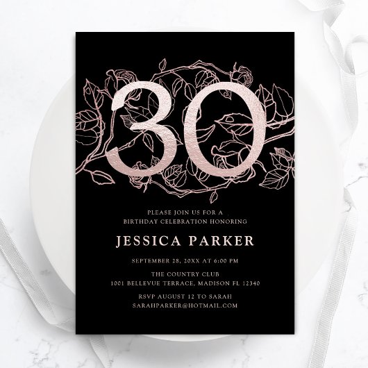 Invitation Elégant Rose Gold Black 30e anniversaire
