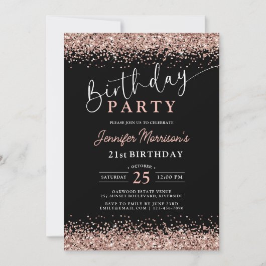 Invitation Elégant Rose Gold Black Parties scintillant 21e an (Devant)