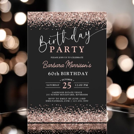 Invitation Elégant Rose Gold Black Parties scintillant 60e an