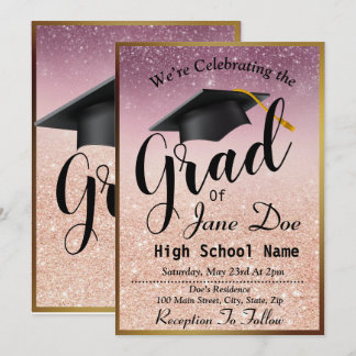 Invitation Élégant Rose Gold & Black Parties scintillant Grad