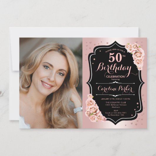 Invitation Elégant Rose Gold Black Photo 50e anniversaire (Devant)