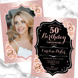 Invitation Elégant Rose Gold Black Photo 50e anniversaire<br><div class="desc">Elégante invitation à 50e anniversaire fleurie avec votre photo au verso de la carte. Design de glam avec faux or rose parties scintillant. Comprend des roses rose pâle, des caractères de script et des confettis. Parfait pour une fête anniversaire adulte élégante. Personnalisez avec vos propres détails. Peut être customisé pour...</div>
