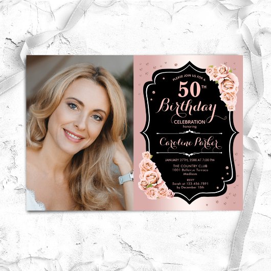 Invitation Elégant Rose Gold Black Photo 50e anniversaire
