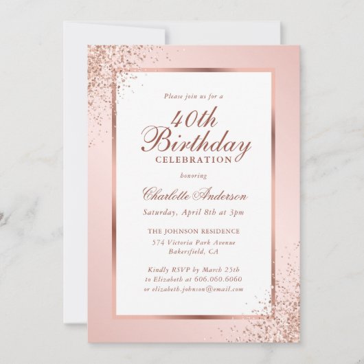 Invitation Elégant Rose Gold Blush Confetti 40e anniversaire (Devant)