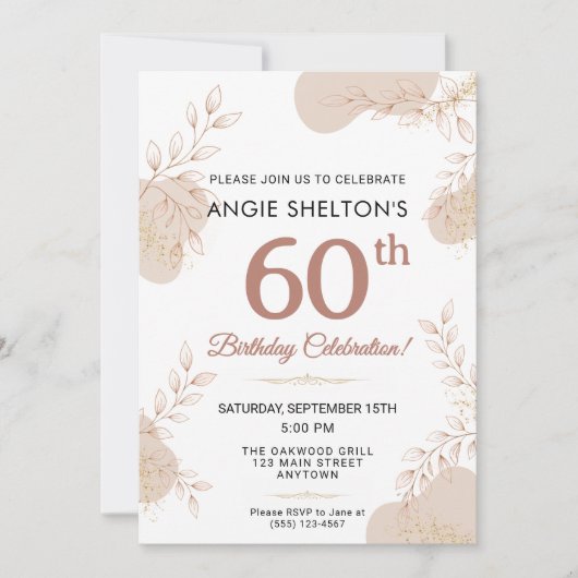 Invitation Elegant Rose Gold Botanical 60th Birthday (Devant)
