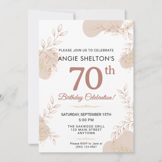 Invitation Elegant Rose Gold Botanical 70th Birthday (Devant)