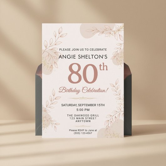 Invitation Elegant Rose Gold Botanical 80th Birthday