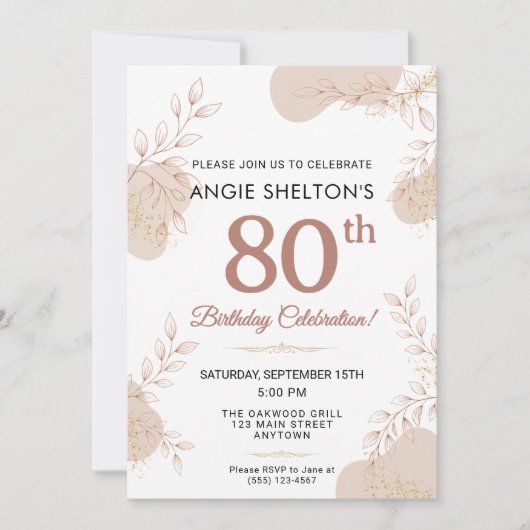 Invitation Elegant Rose Gold Botanical 80th Birthday (Devant)