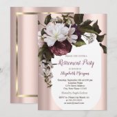 Invitation Élégant Rose Gold Burgundy Flowers Retraite (Devant / Derrière)