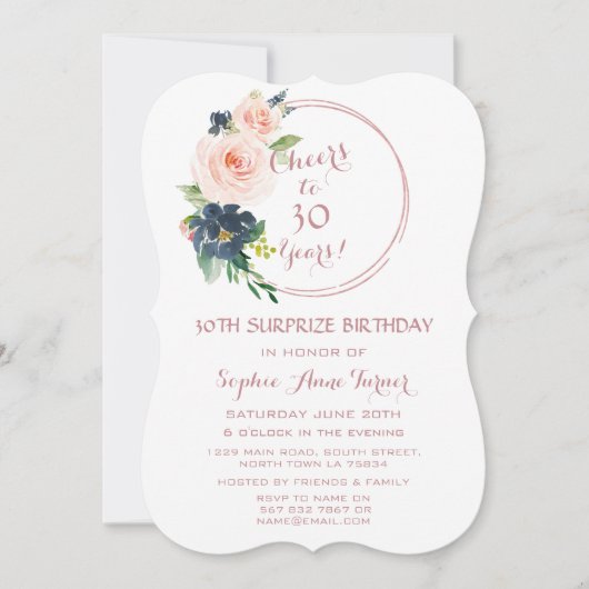 Invitation Elégant Rose Gold Bush Blue Flowers 30e anniversai (Devant)