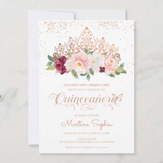 Invitation Elégant Rose Gold Butterfly & Tiara Quinceanera (Devant)