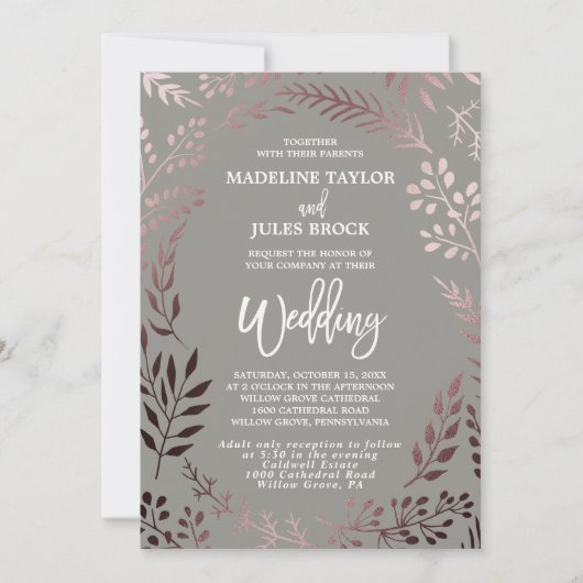 Invitation Elégant Rose Gold Cadre Leafy Mariage & Réception (Devant)