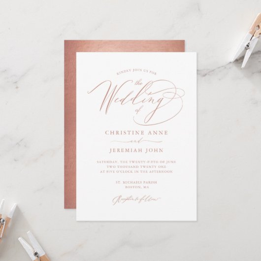 Invitation Élégant Rose Gold Calligraphie Mariage métallique (Devant/Arrière en situation)