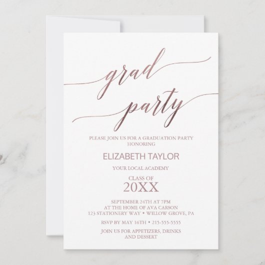 Invitation Élégant Rose Gold Calligraphy Graduation Party (Devant)