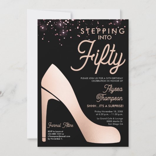 Invitation Elégant Rose Gold Confetti High Heel 50e Anniversa (Devant)