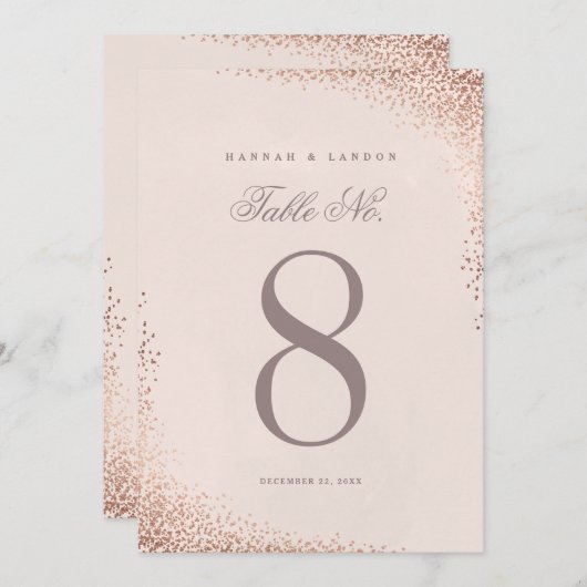 Invitation Élégant Rose Gold Confetti Mariage Numéros de tabl (Devant / Derrière)