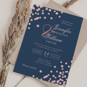 Invitation Elégant Rose Gold Confetti QR Mariage Marine Bleu