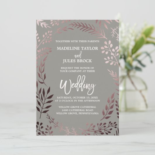 Invitation Elégant Rose Gold et Grey | Mariage de cadre feutr (Debout devant)