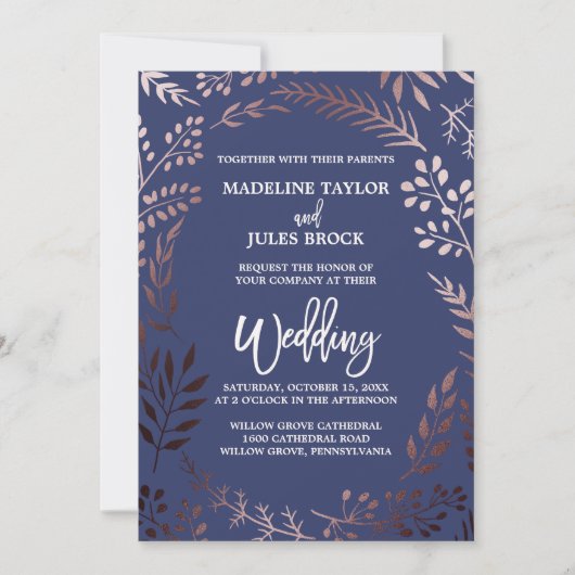 Invitation Elégant Rose Gold et Navy | Mariage de cadre feutr (Devant)