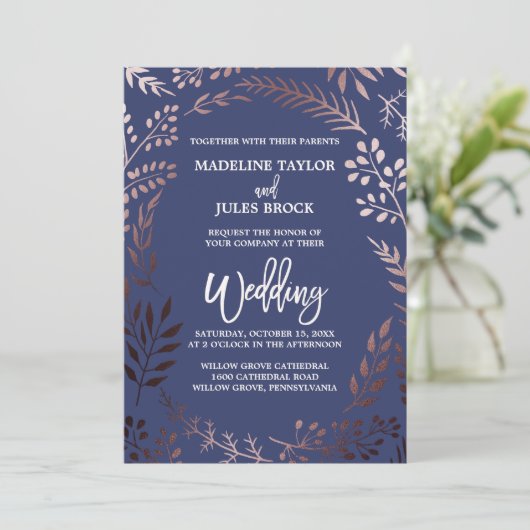 Invitation Elégant Rose Gold et Navy | Mariage de cadre feutr (Debout devant)