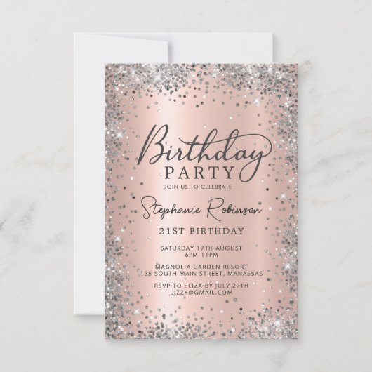 Invitation Elégant Rose Gold et Silver Parties scintillant 21 (Devant)