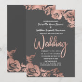 Invitation Élégant Rose Gold Floral Dark Grey Mariage (Devant / Derrière)