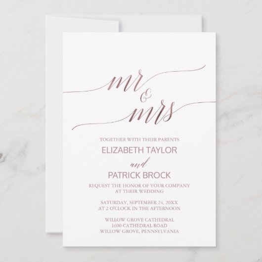 Invitation Élégant Rose Gold Floral Mr & Mrs Mariage (Devant)
