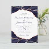 Invitation Elégant Rose Gold Foil Marine Blue Agate Mariage (Debout devant)