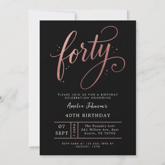 Invitation Elegant Rose Gold Fortieth 40th Birthday (Devant)