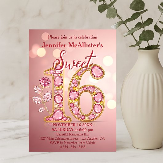 Invitation Elégant Rose Gold Gemstone Sweet 16 Anniversaire