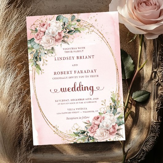 Invitation Elegant Rose Gold Greenery Blush Wedding Invites
