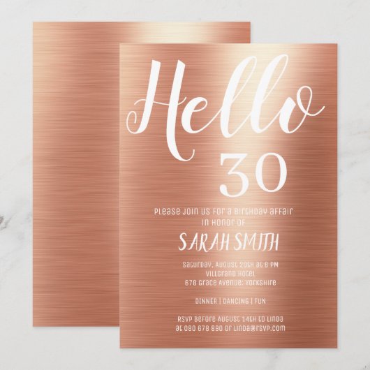 Invitation Elégant Rose Gold Hello 30 Anniversaire (Devant / Derrière)