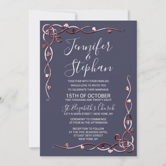 Invitation Élégant Rose Gold Leafy Vines Marine Blue Mariage (Devant)