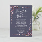 Invitation Élégant Rose Gold Leafy Vines Marine Blue Mariage (Debout devant)