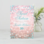 Invitation Élégant Rose Gold Lights Turquoise Sweet 16 (Debout devant)
