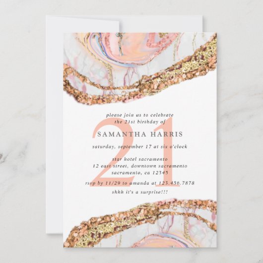 Invitation Elégant Rose Gold Marble 21e fête d'anniversaire (Devant)